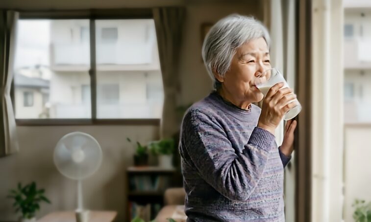 コップで牛乳を飲むシニア女性