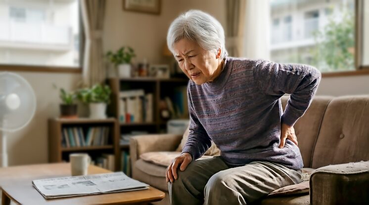 ソファで腰を押さえて痛がる高齢の女性