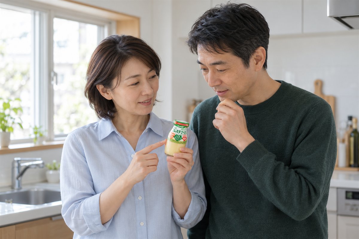 キッチンで、明治コレステさらりのびんを手に取って夫に見せる妻