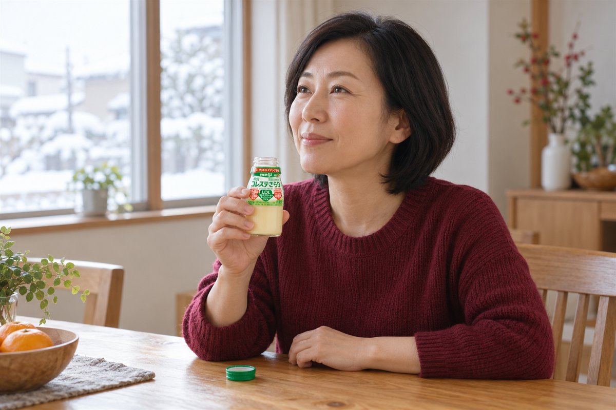 明治コレステさらりを、びんから直接飲む女性