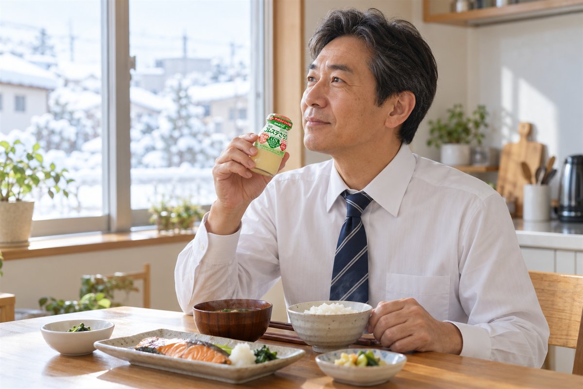 冬の朝、朝ごはんの食卓で明治コレステさらりのびんを手にする男性