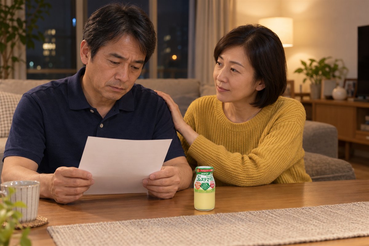 健康診断の結果を見る夫に、妻が寄りそってこれからの食事を話す様子