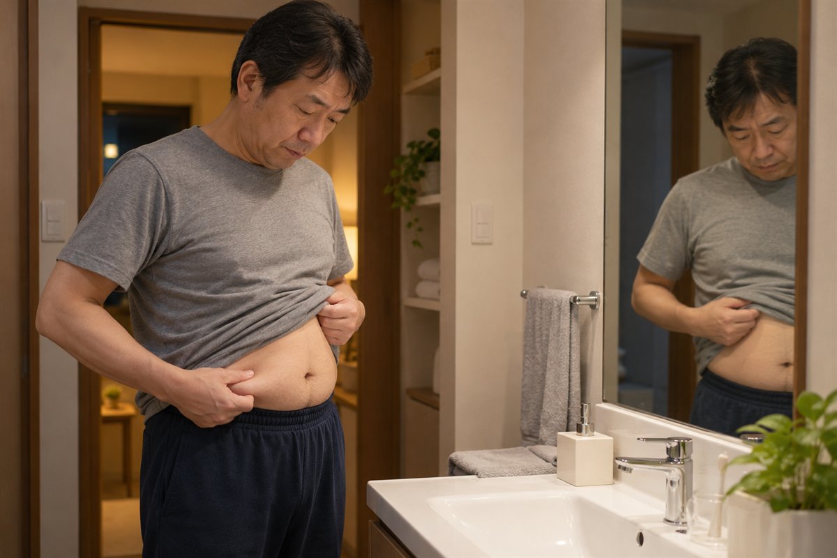 洗面所の鏡の前で、ぽっこり出たおなかを見てため息をつく男性
