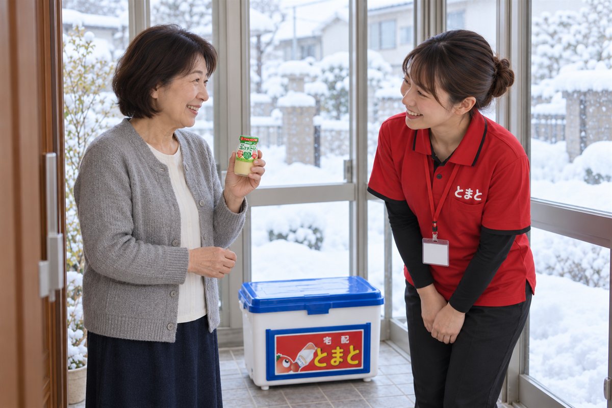 雪の日の玄関で、明治宅配とまとの配達スタッフから明治コレステさらりを受け取った女性