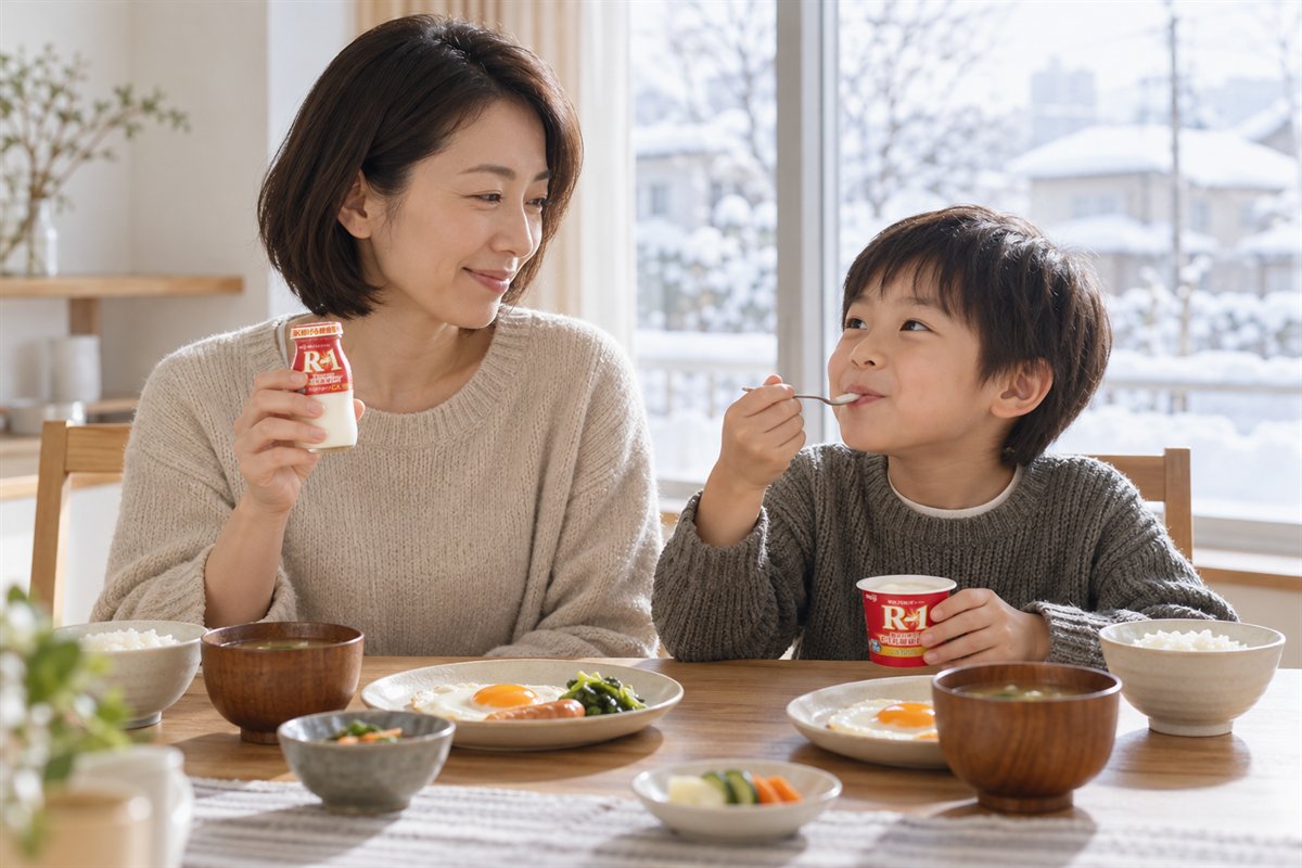 朝ごはんの食卓で、母親は宅配専用R-1のビン、子どもはカップを手にしている様子