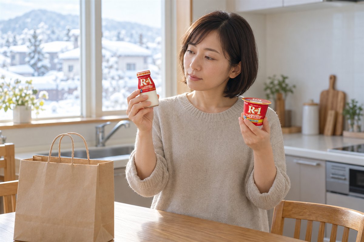冬の台所で、宅配専用R-1のビンとカップを手に取って見比べる女性