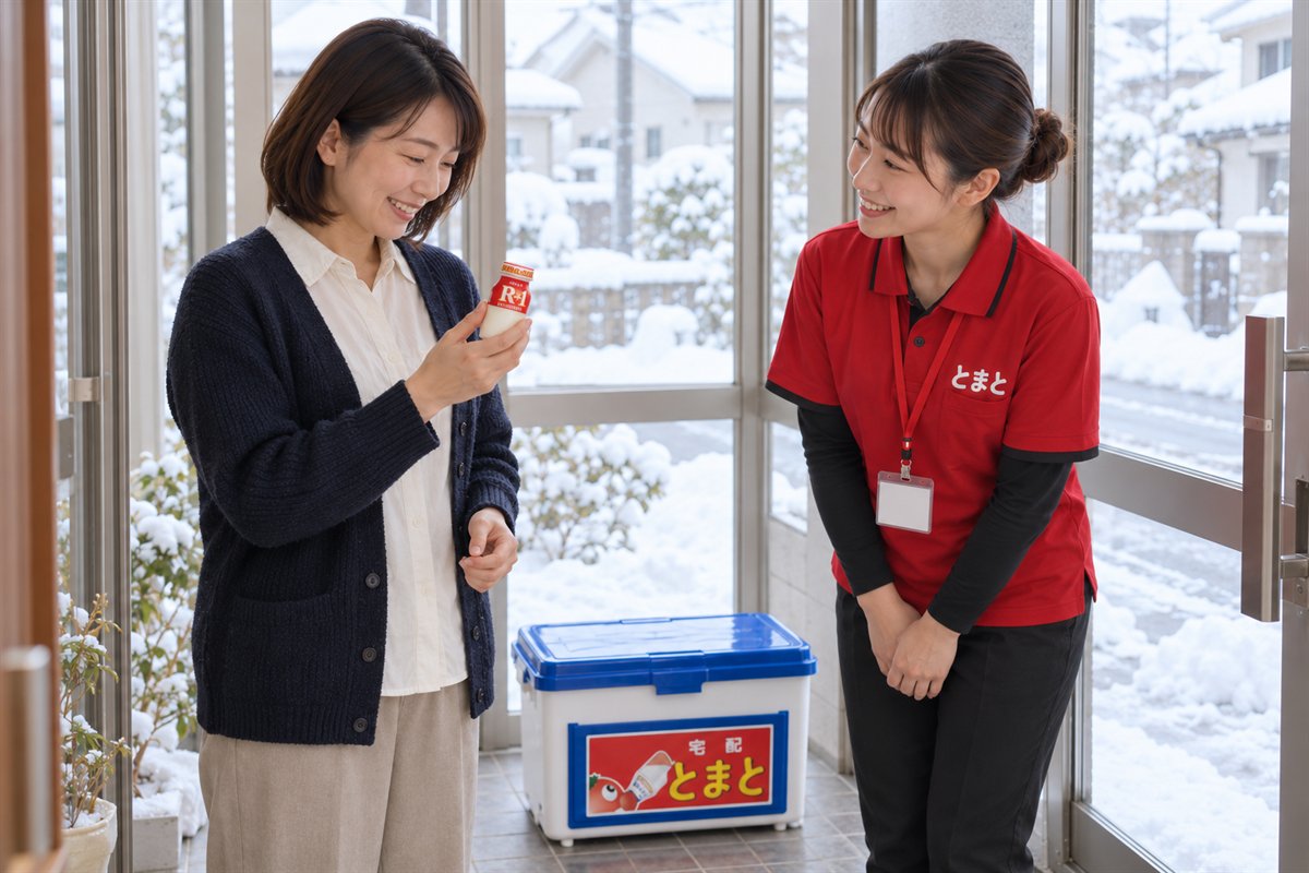 雪の日の玄関で、明治宅配とまとの配達スタッフから宅配専用R-1を受け取った女性