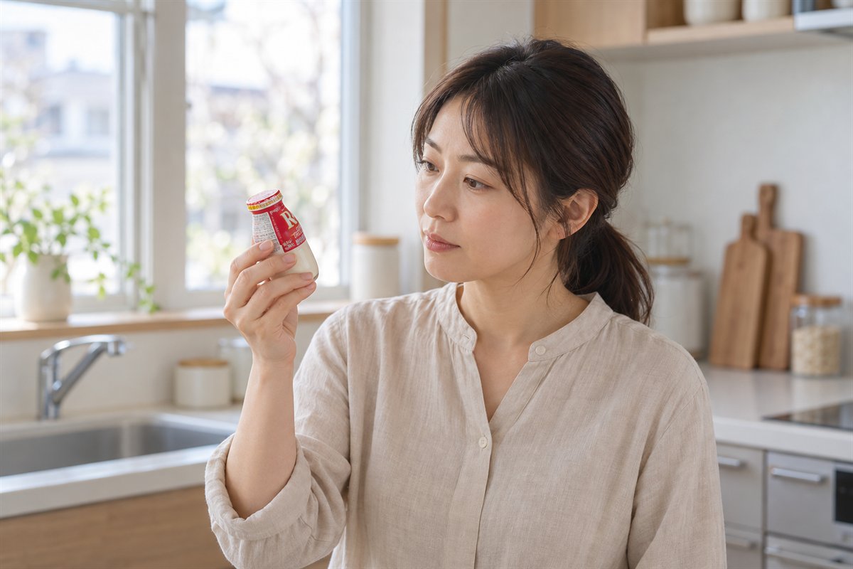 宅配専用R-1のビンを手に、ラベルの表示を確かめる女性
