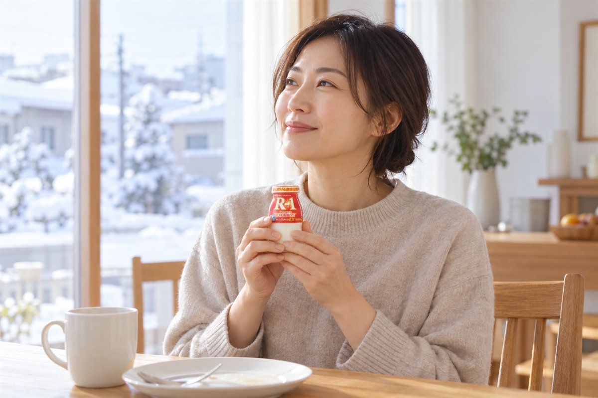 朝食のあと、宅配専用R-1のビンを両手で持ってほっとする女性