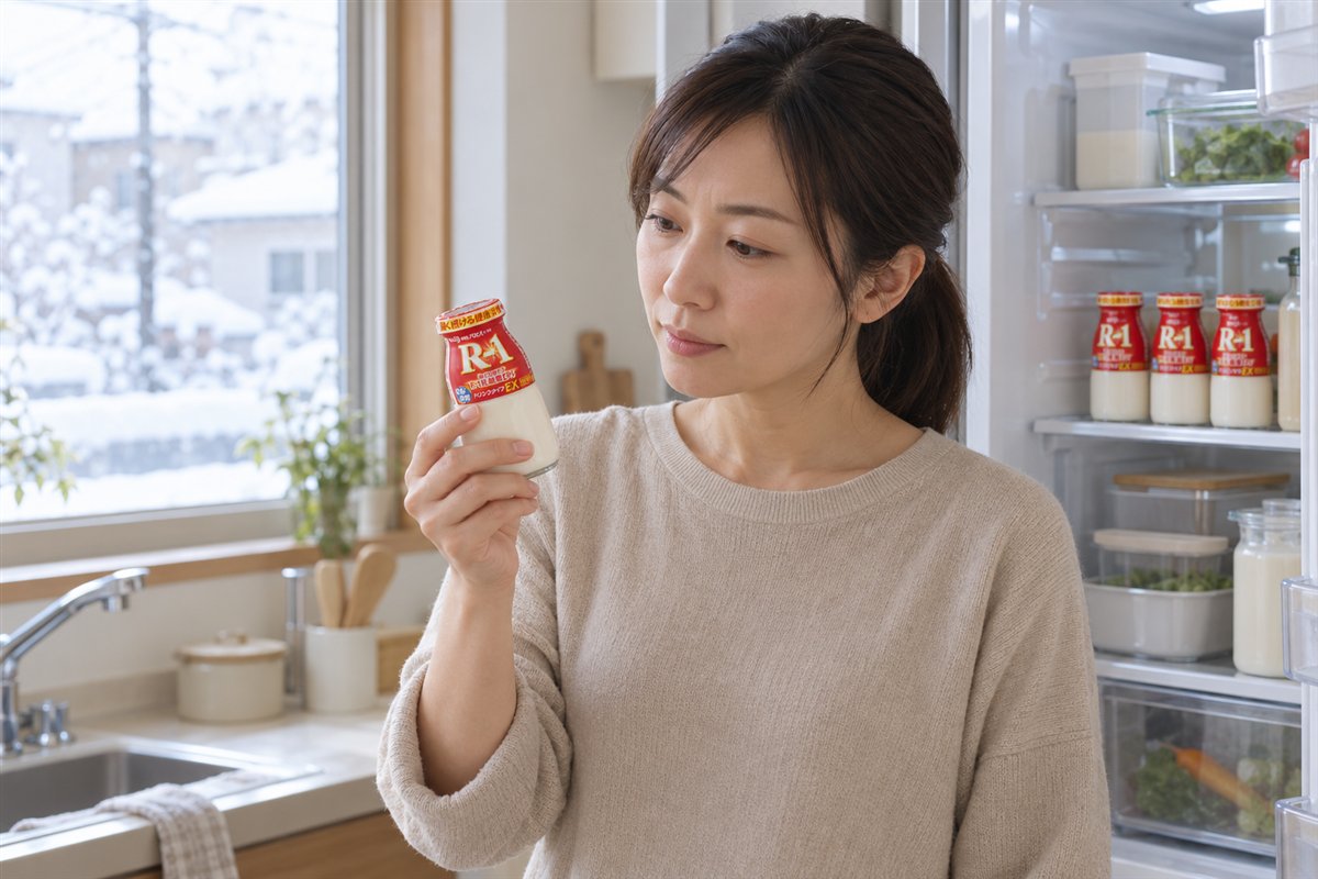 冬の朝、冷蔵庫の前でR-1ヨーグルトのびんを手に取り、1日何本までか考える女性