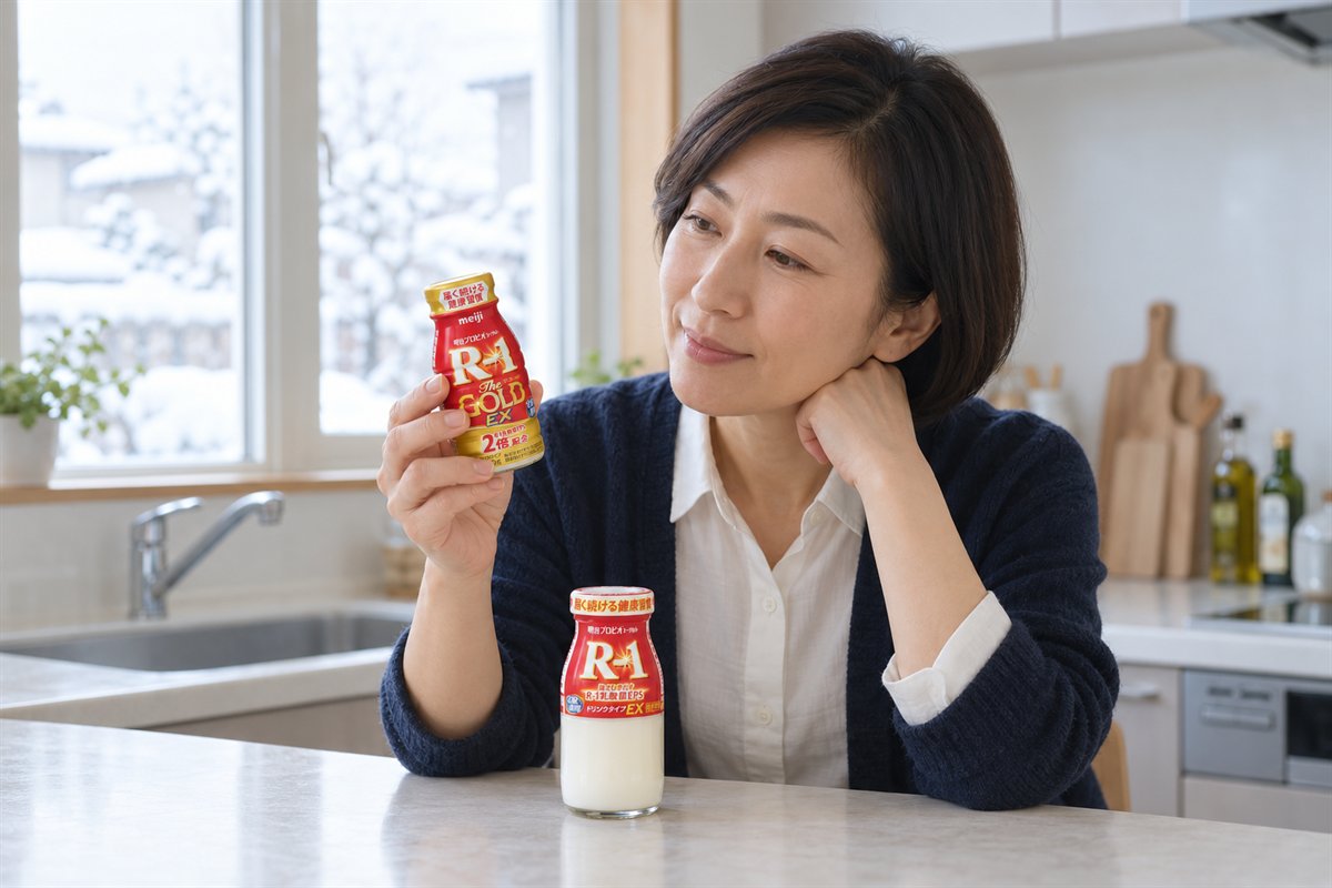 冬の台所で、R-1のびんとR-1 The GOLDのボトルを見比べる女性