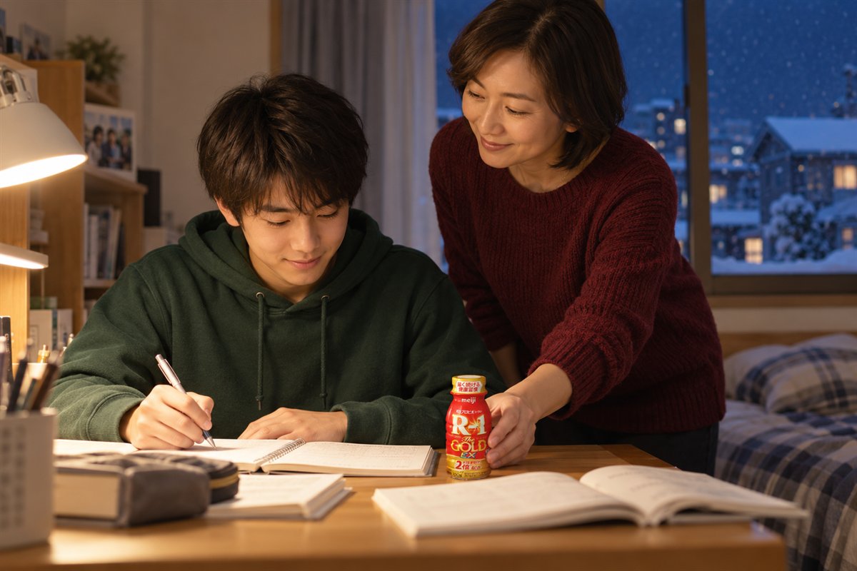 冬の夜、勉強する高校生の机に、母親がR-1 The GOLDを1本そっと置く様子