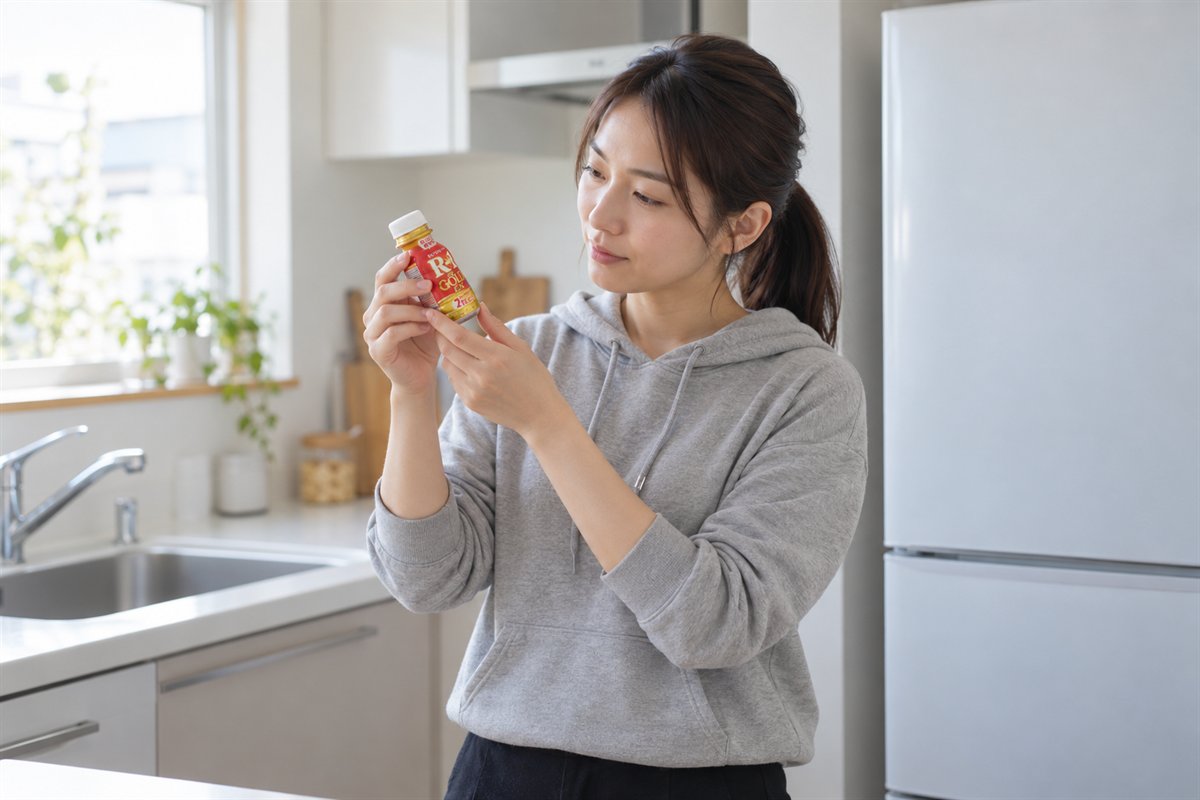 キッチンでR-1 The GOLDのボトルを手に取り、ラベルの横を確かめる女性