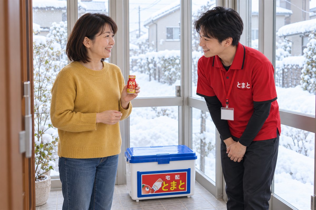 雪の日の玄関で、明治宅配とまとの配達スタッフからR-1 The GOLDを受け取った女性