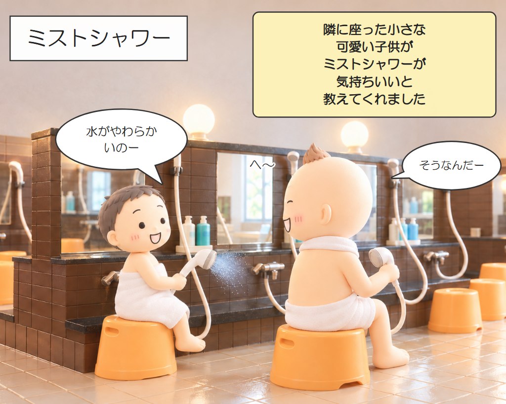 番屋の湯の洗い場で、ミストシャワーのことを教えてくれた子どもと兄のイラスト