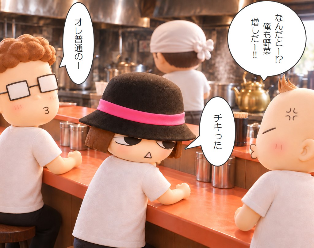 ブタキングのカウンターで「俺も野菜増しだー!!」とくやしがる兄と、兄嫁・弟のイラスト