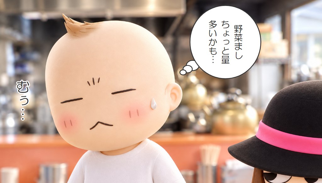 野菜増しにするか迷う兄と、そばの兄嫁のイラスト