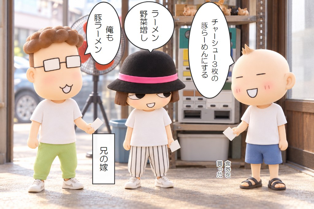 ブタキングの入口で食券を持って、注文を話す兄・兄嫁・弟のイラスト