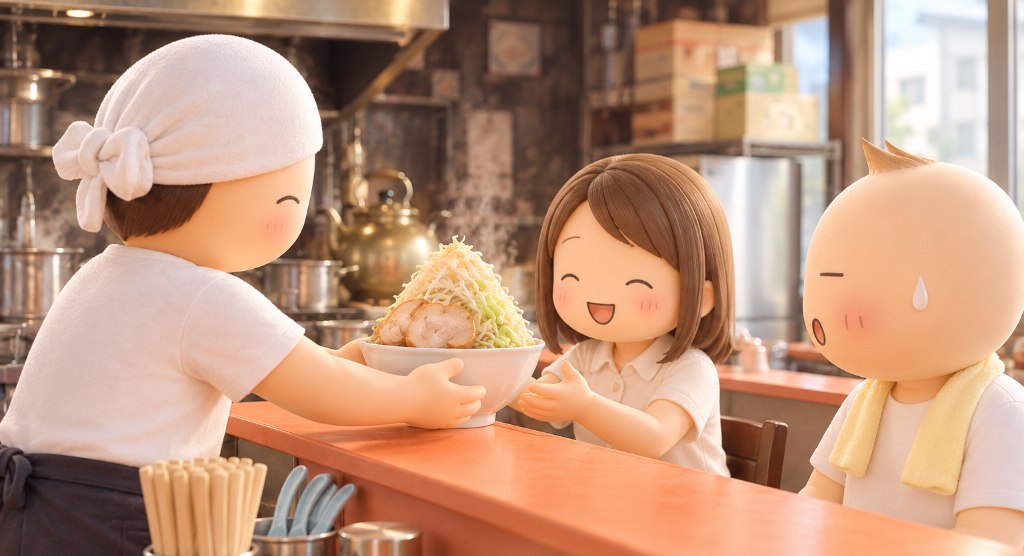 ブタキングで、隣の女性客に野菜増しのラーメンが出てきておどろく兄のイラスト