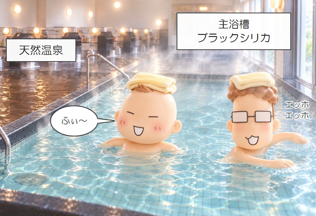 北のたまゆらの主浴槽(ブラックシリカ)と天然温泉につかる兄弟のイラスト