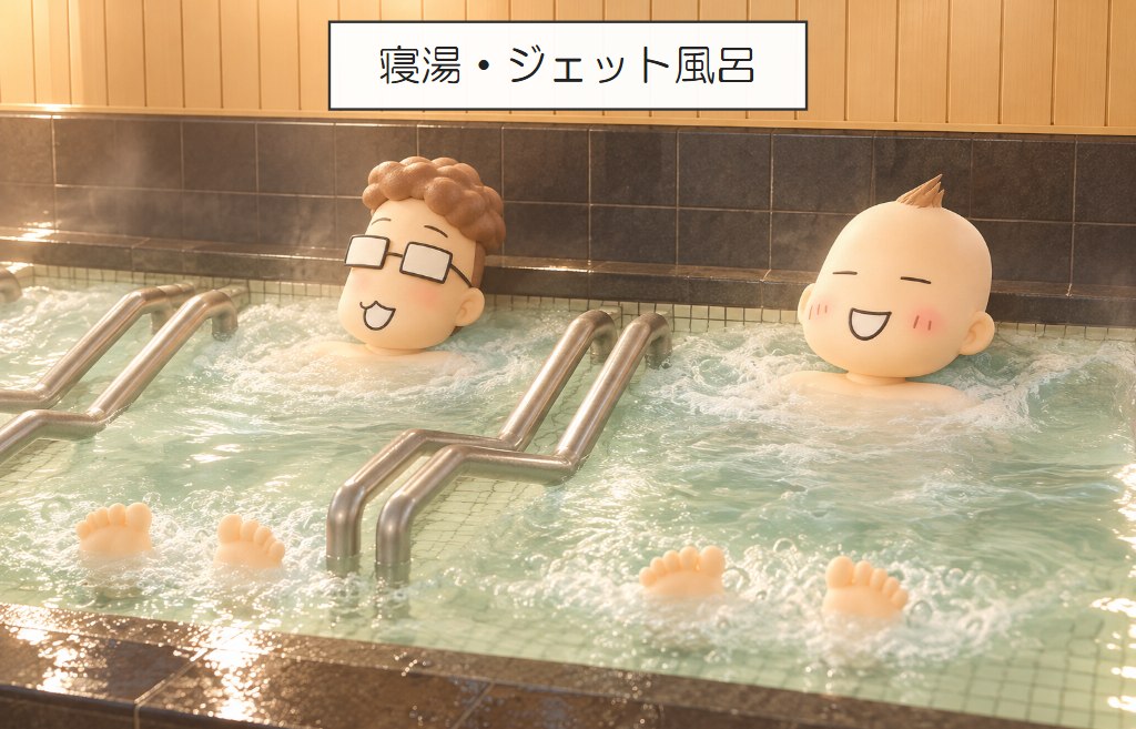 北のたまゆらの寝湯・ジェット風呂で寝そべる兄弟のイラスト